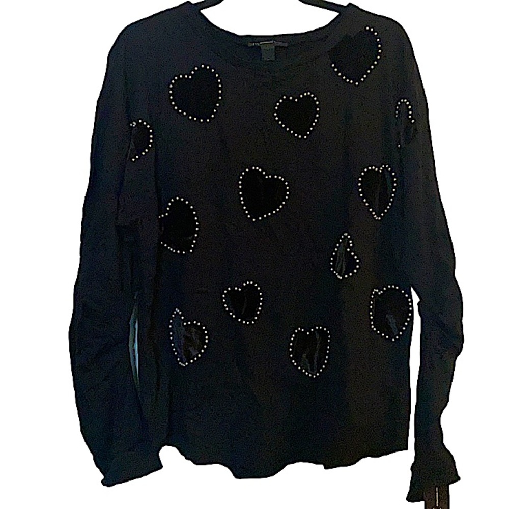 International concepts black long sleeve velvet hearts faux pearls size XL NWT